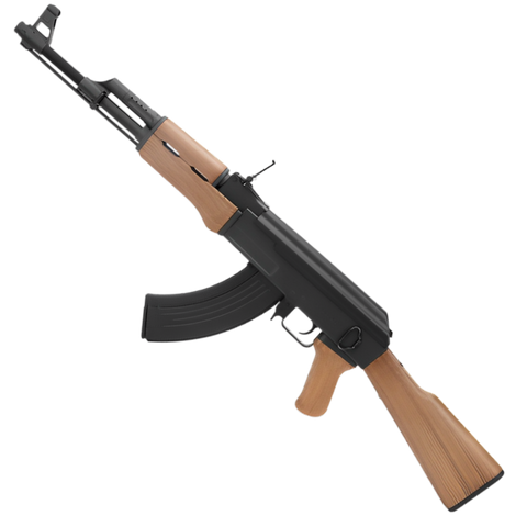 An electric AK47 gel blaster with a wood finish by Cyma