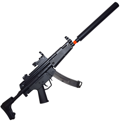 MP5 gel blaster in black with LED tactical sight and precision firing capabilities.