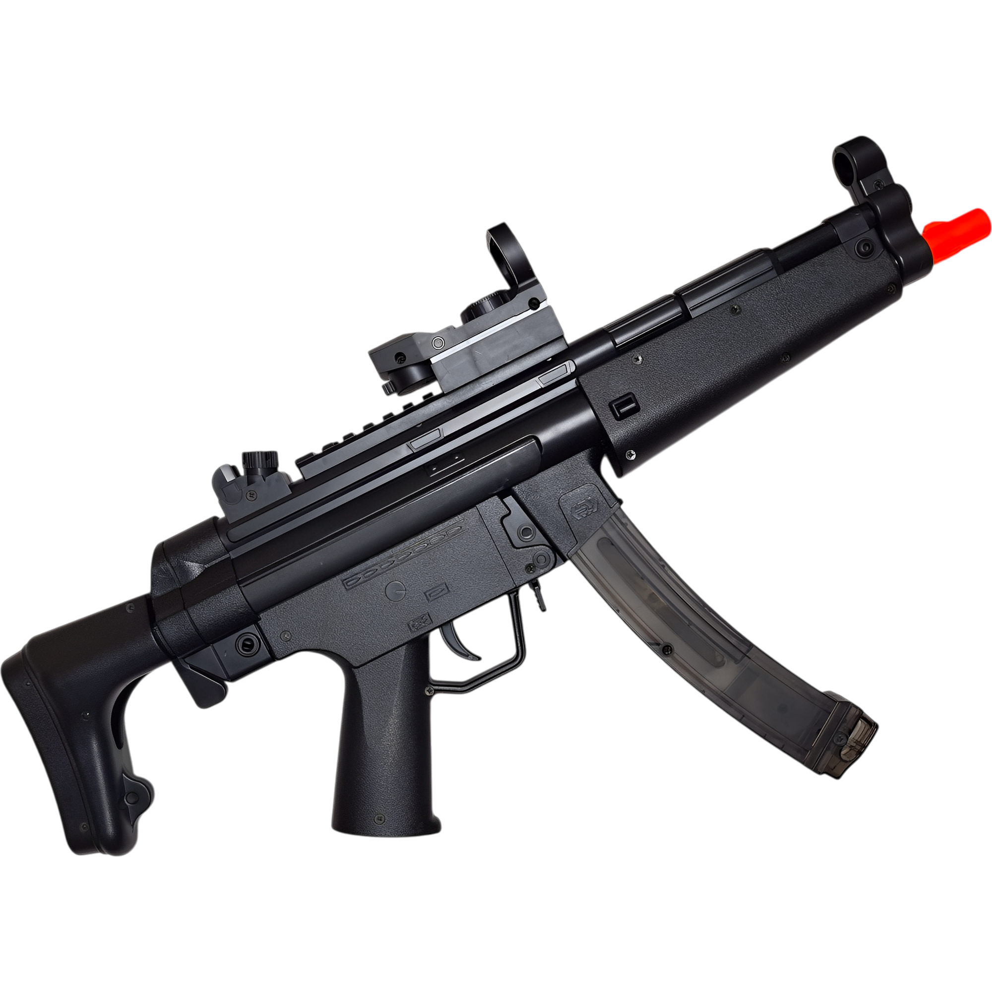 Black MP5 orby gun with ABS construction, green LED sight, and high gel ball capacity.