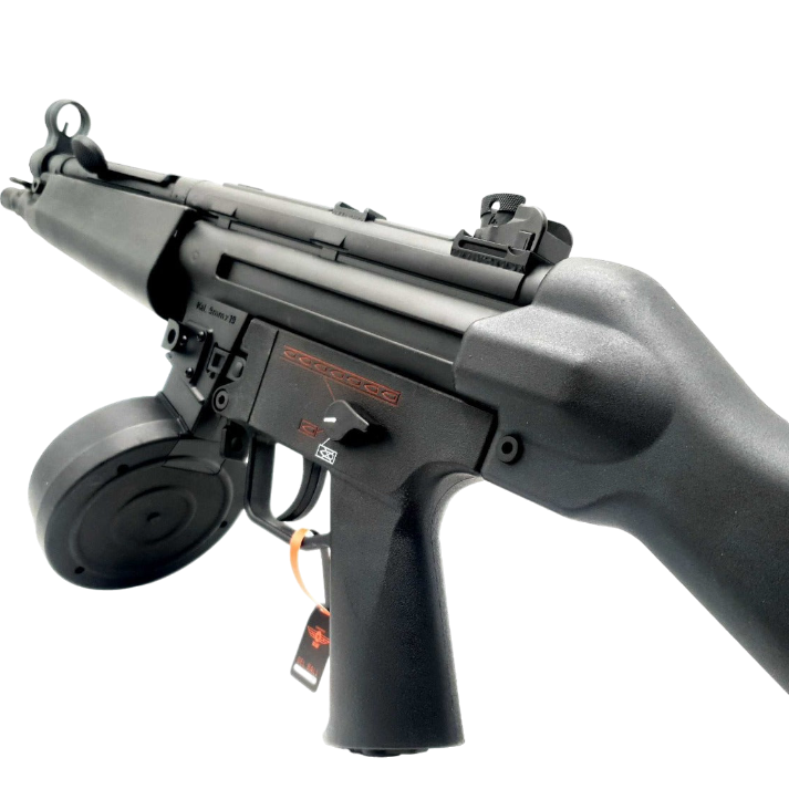 Black MP5 orby gun with 7.4v rechargeable battery and high-performance drum magazine.