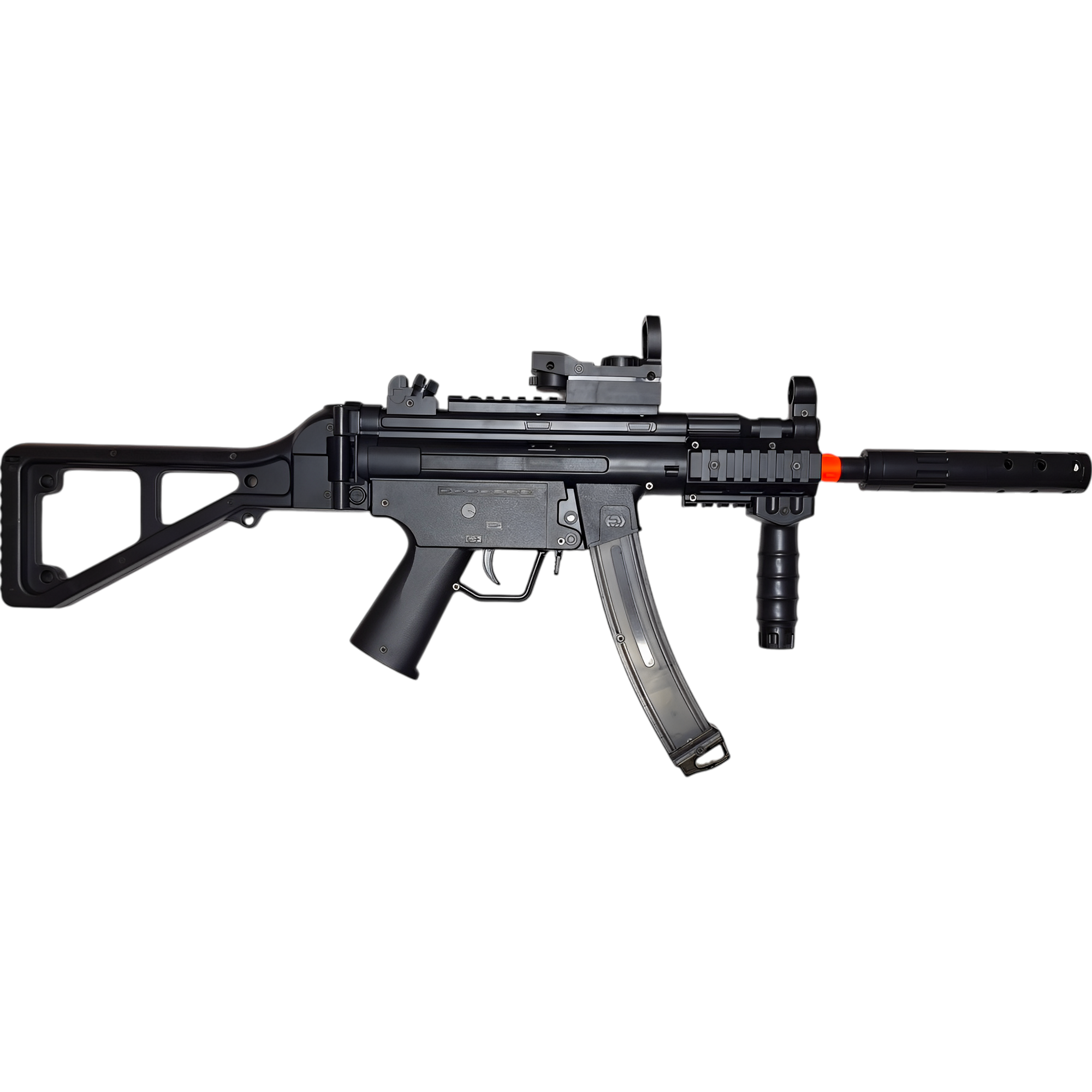 Compact MP5K gel blaster in black with automatic/manual modes, tactical rails, and reliable battery.