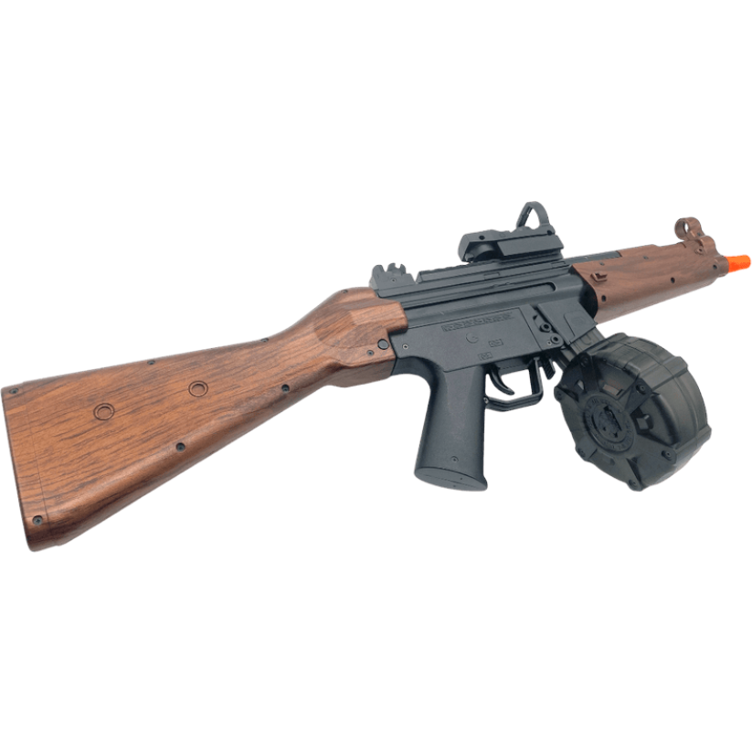 MP5 wood gel blaster combining stylish wood design, 7.4V Li-Po battery, and smooth firing performance.