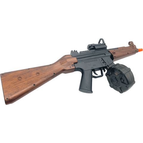 MP5 wood gel blaster combining stylish wood design, 7.4V Li-Po battery, and smooth firing performance.