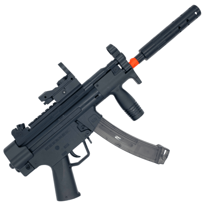 Black MP5K gel blaster by XYL with foldable stock, tactical rails, and high gel ball capacity for enhanced gameplay.