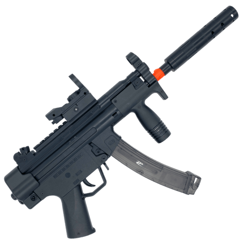 Black MP5K gel blaster by XYL with foldable stock, tactical rails, and high gel ball capacity for enhanced gameplay.