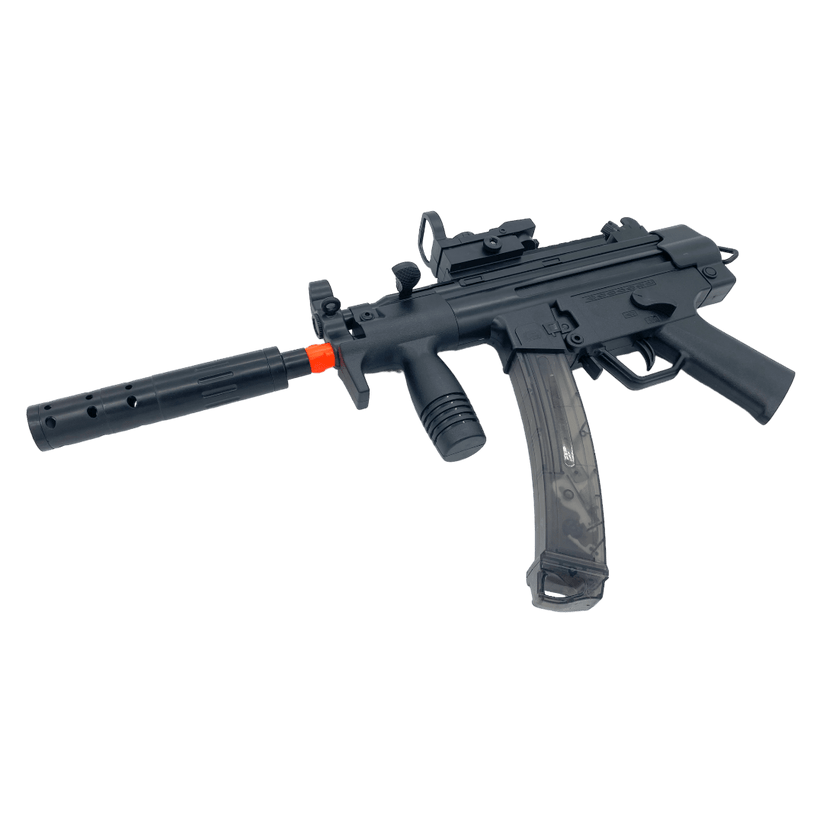 MP5K gel blaster in black, designed by XYL with a compact body, green LED sight, and reliable nylon gearbox.