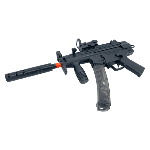 MP5K gel blaster in black, designed by XYL with a compact body, green LED sight, and reliable nylon gearbox.