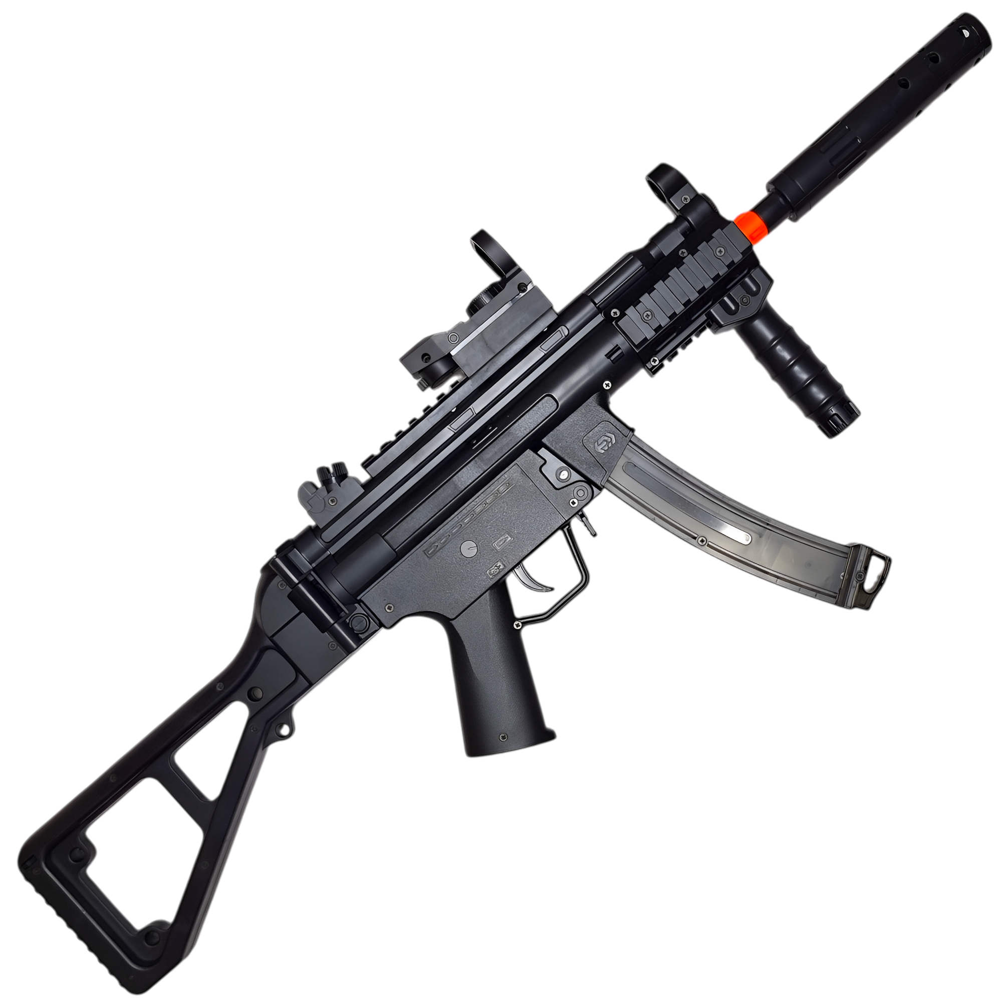 Black MP5K gel blaster featuring a 160-round magazine, LED tactical sight, and durable nylon construction.