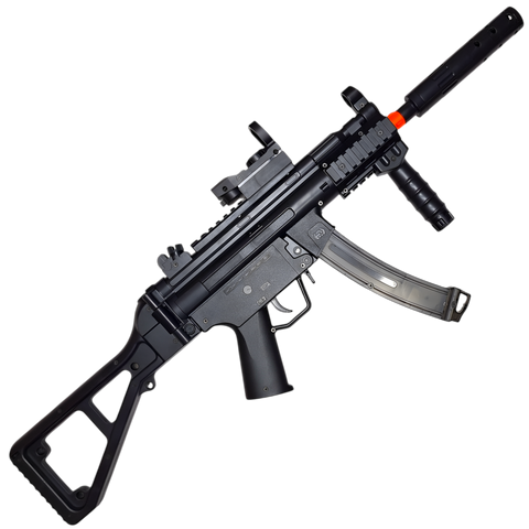 Black MP5K gel blaster featuring a 160-round magazine, LED tactical sight, and durable nylon construction.