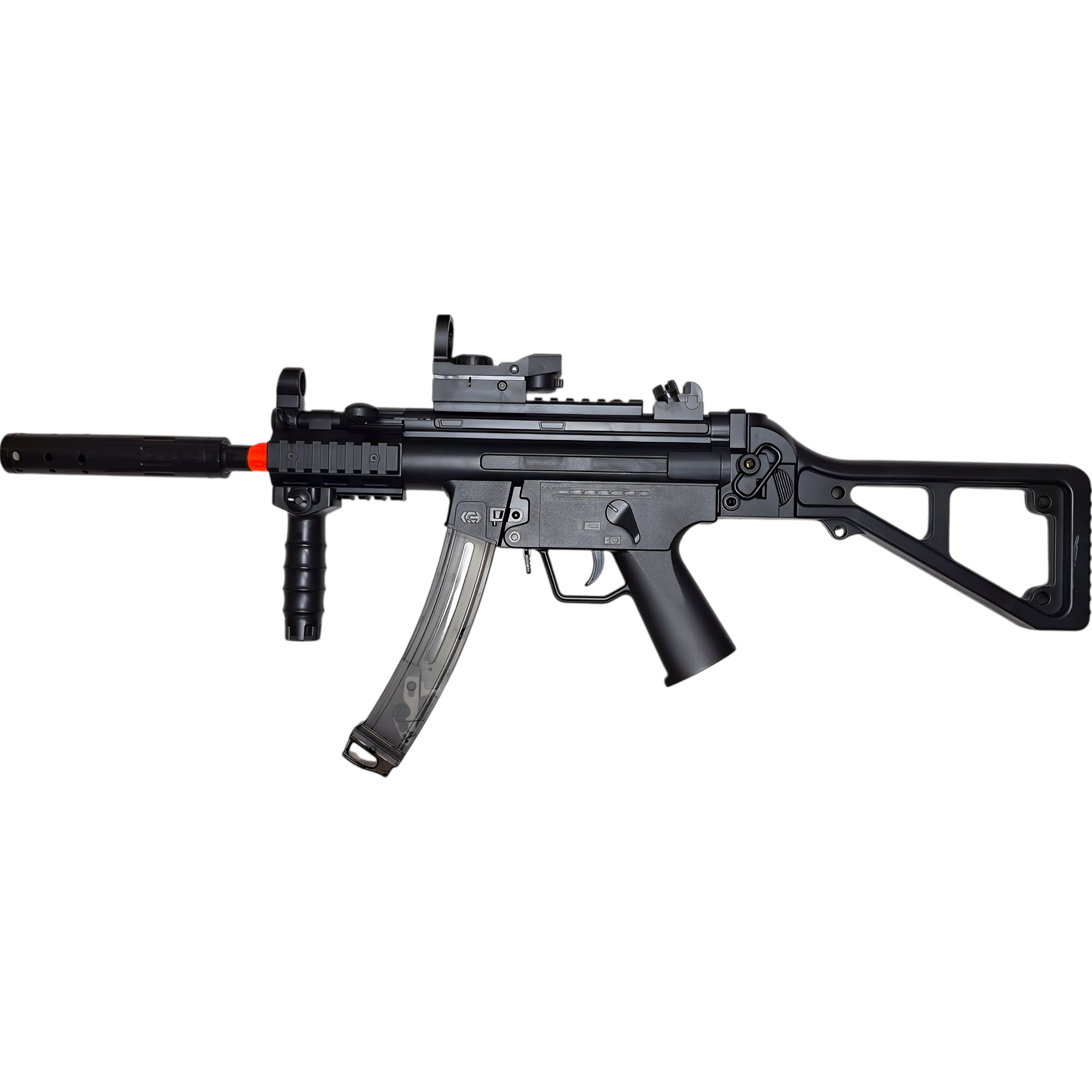 MP5K gel blaster in sleek black by XYL with flashlight, holographic sight, and foldable stock.