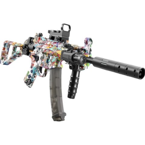 Compact multicolor MP5K gel blaster by XYL with high-capacity magazine and durable construction.