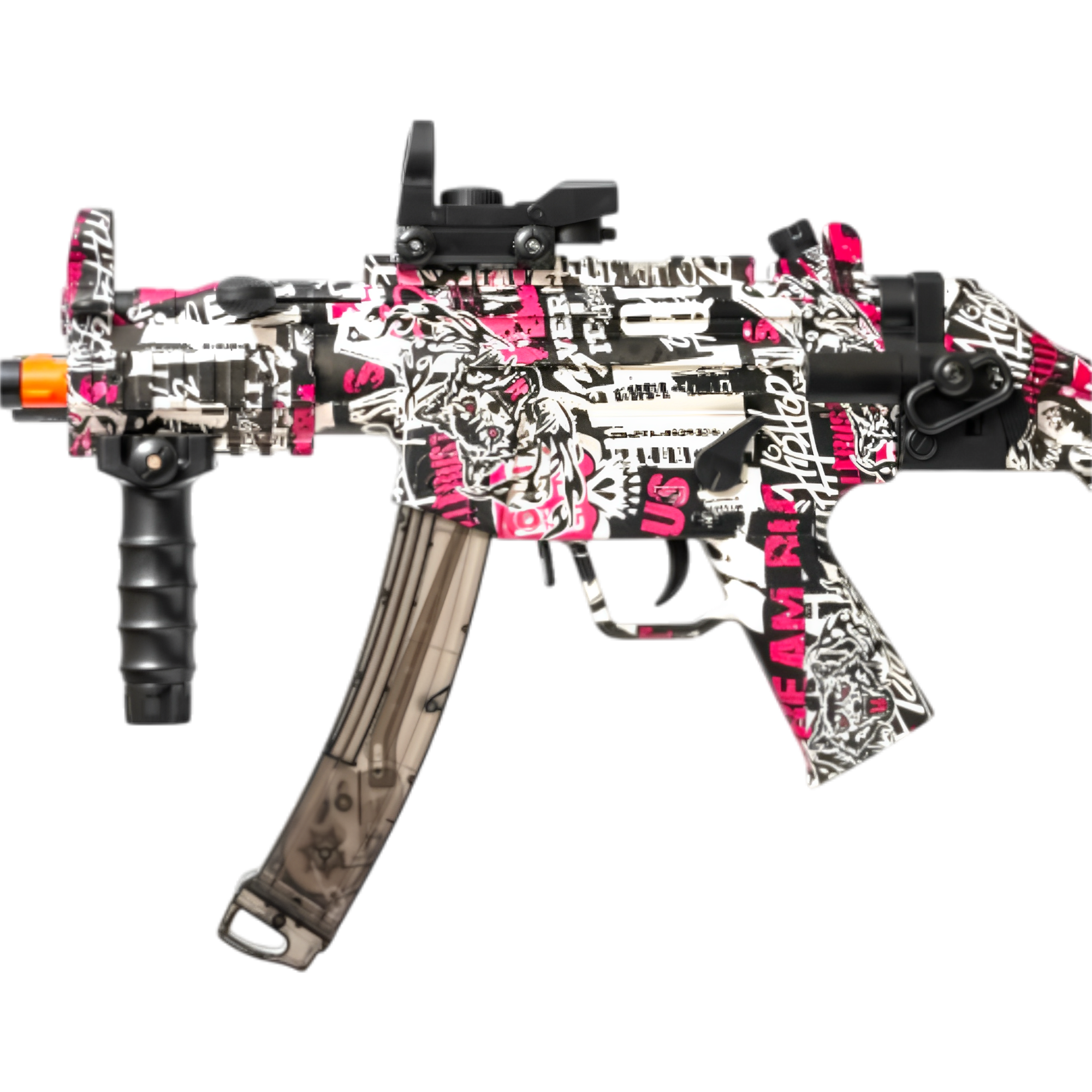 Stylish red MP5K gel blaster with holographic sight, silencer, and rechargeable battery.