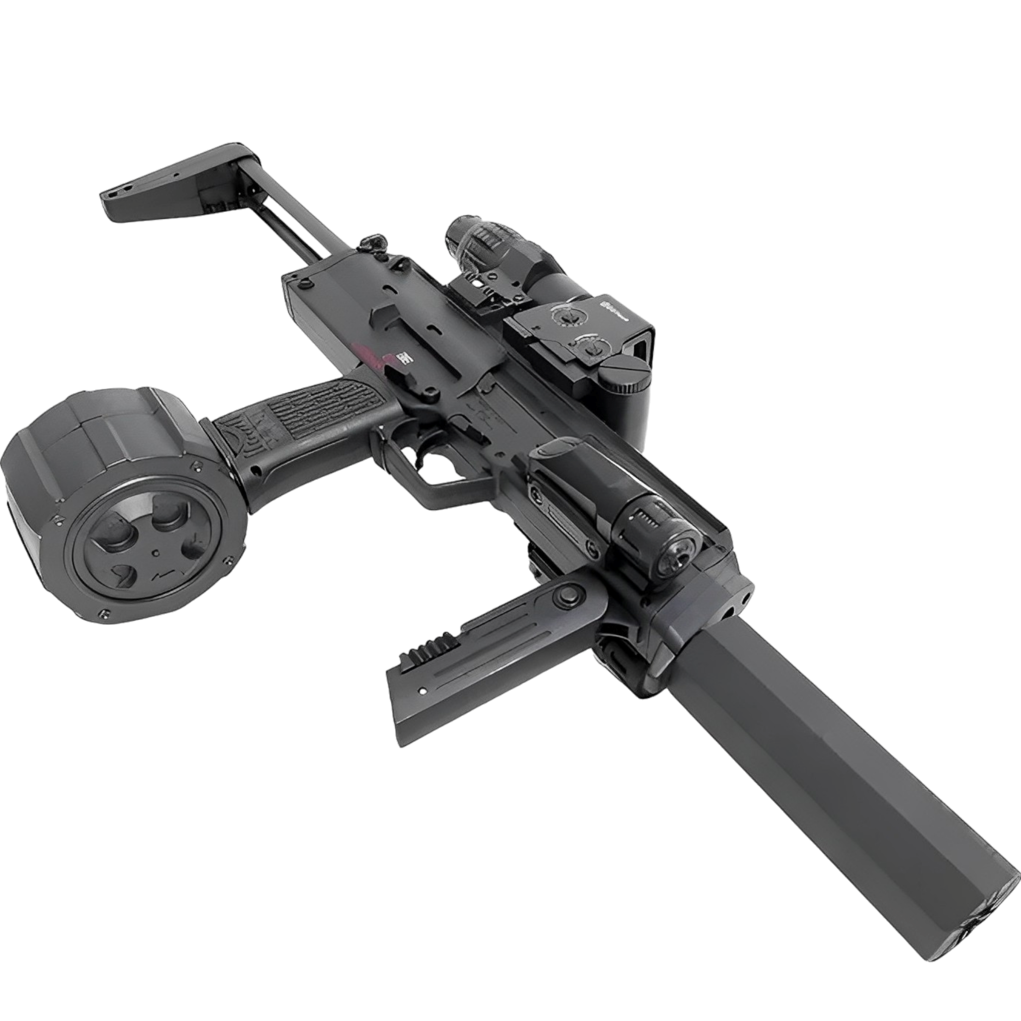 ZIBO MP7 electric gel blaster with holographic sight, rechargeable battery, and extended firing capacity.