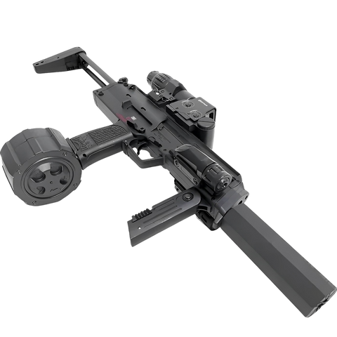 ZIBO MP7 electric gel blaster with holographic sight, rechargeable battery, and extended firing capacity.