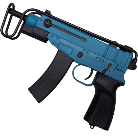 Scorpion VZ-61 blue gel blaster with 200 FPS power, adjustable safety, and foldable metal stock.