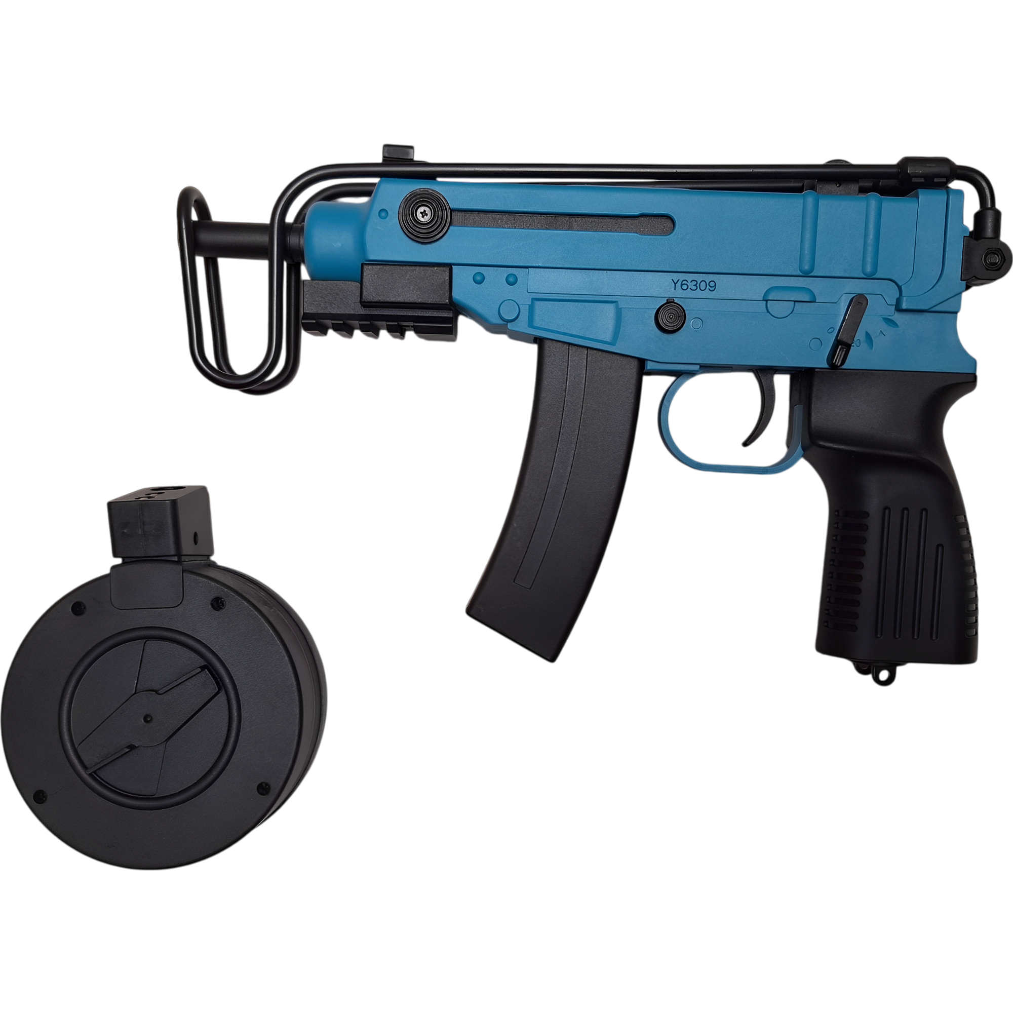 Blue VZ-61 gel blaster featuring 7.4V battery, semi/full-auto modes, and authentic submachine design.