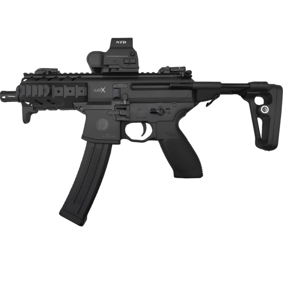 Black SIG MPX gel blaster featuring full-auto mode, solid nylon body, and professional-grade performance.