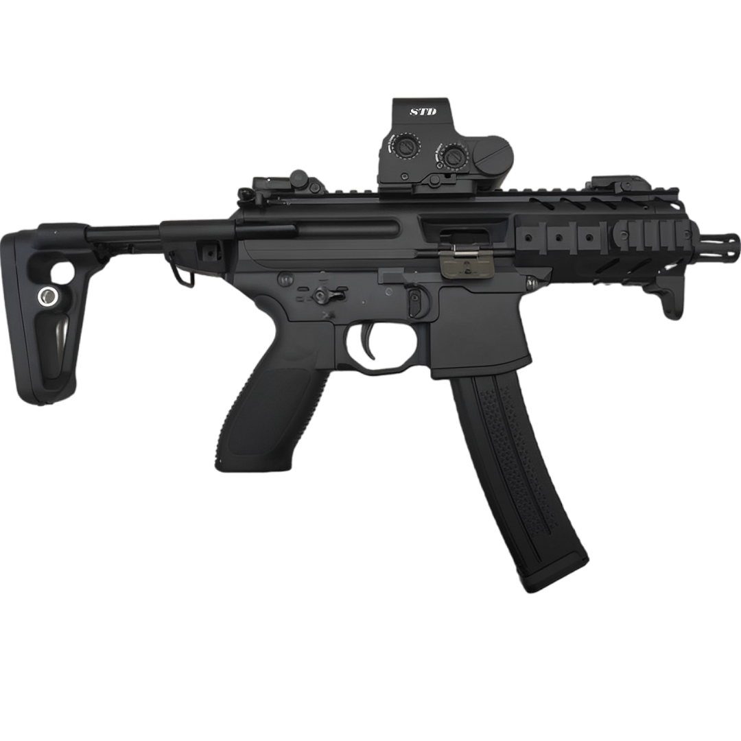 SIG MPX submachine gel blaster in black with rechargeable battery, QD sling mounts, and ambidextrous handle.