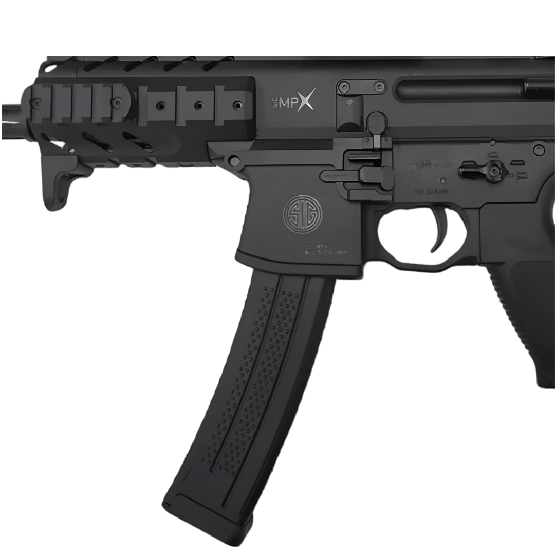 Black SIG MPX gel blaster with semi/full-auto modes, durable metal switch, and sleek tactical design.