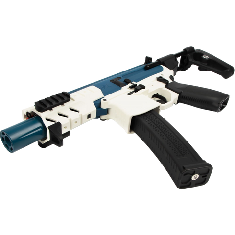 Blue SIG MPX gel blaster with rechargeable battery, ambidextrous mag release, and adjustable stock.