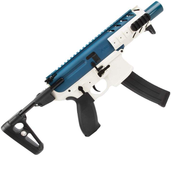 SIG MPX submachine gel blaster in blue, featuring long-range accuracy and metal barrel construction.