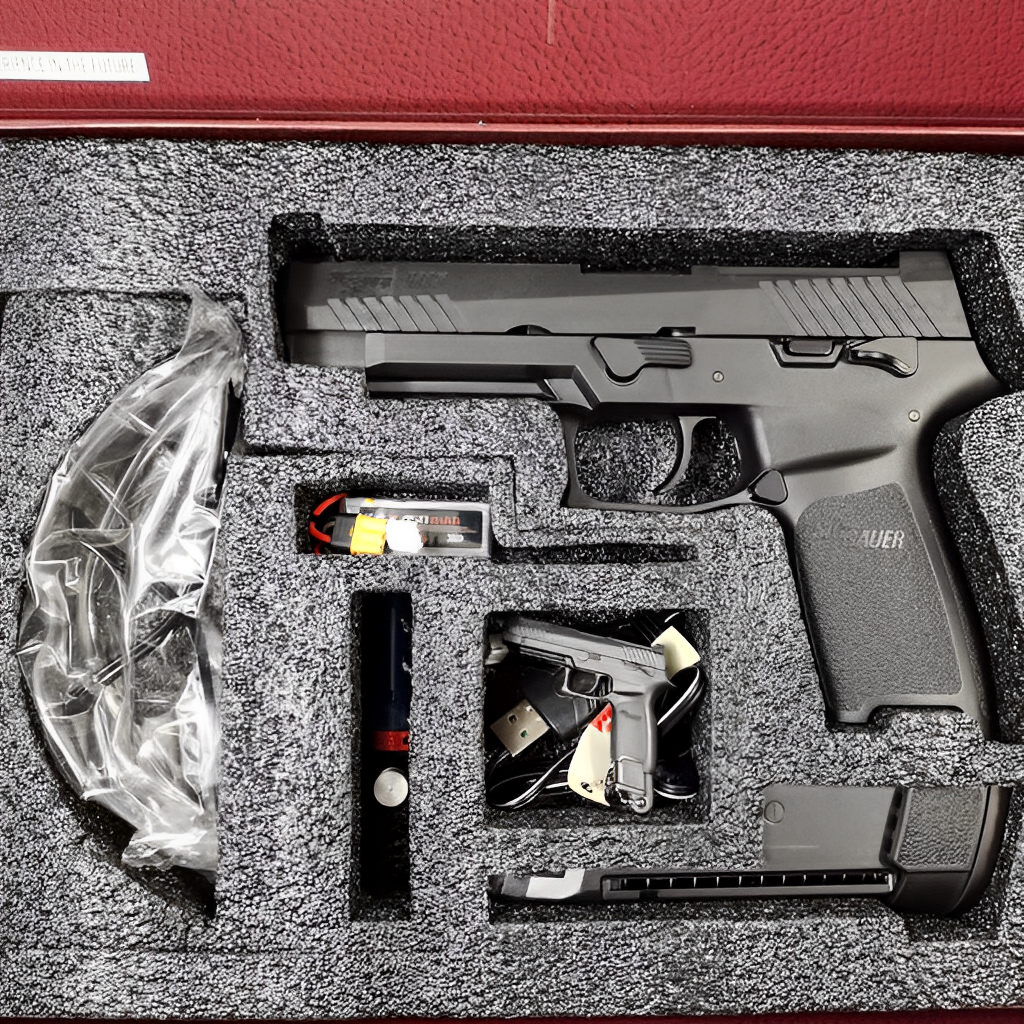 SIG SAUER P320 M17 gel blaster with semi-auto fire, USB charger, and Li-Po battery system.