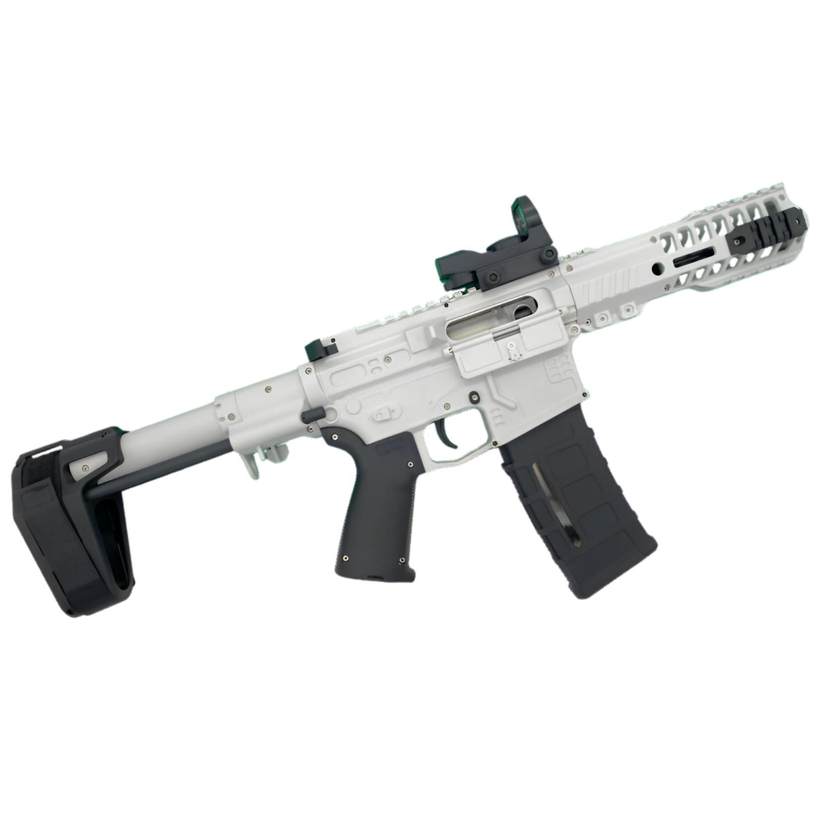 White SLR 1.0 Gel Blaster with dual-mode selector and holographic aiming sight