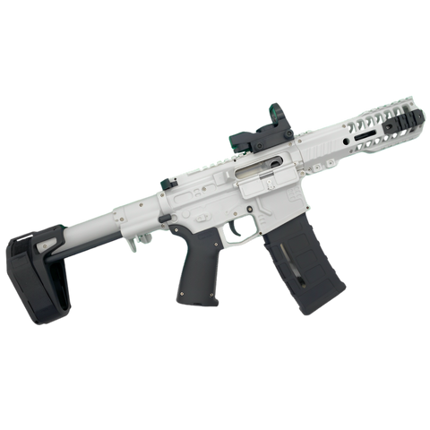 White SLR 1.0 Gel Blaster with dual-mode selector and holographic aiming sight