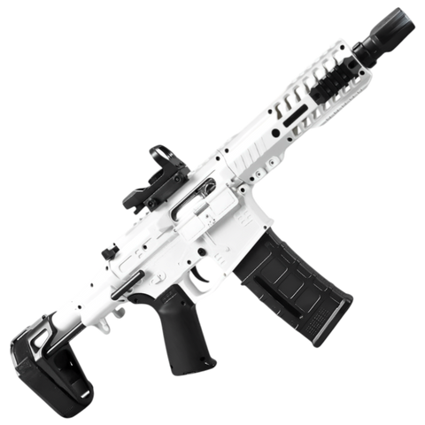 White SLR 1.0 Gel Blaster with dual-mode selector and holographic aiming sight